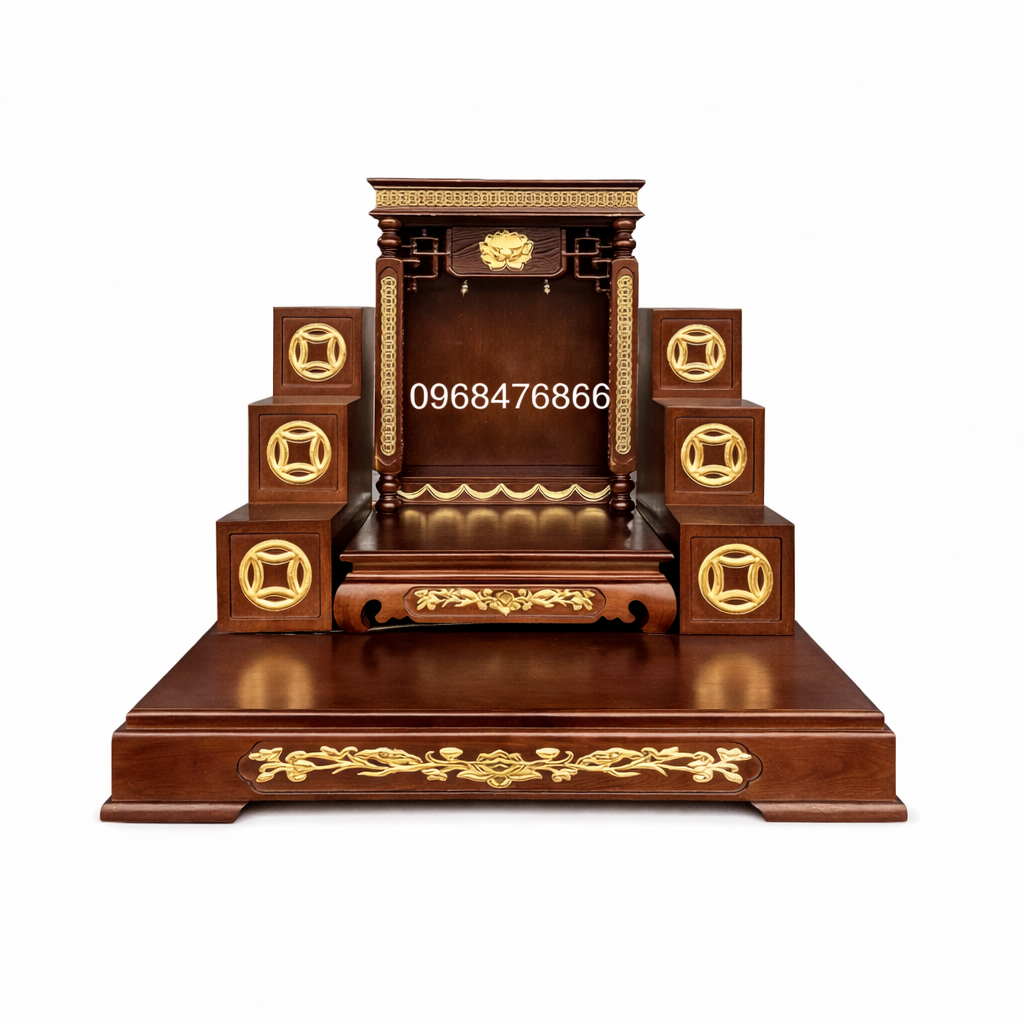 Bàn thờ Thần Tài tam cấp đồng tiền và bục đế mẫu BCT-4370 Bàn thờ Thần Tài tam cấp đồng tiền và bục đế mẫu BCT-4370