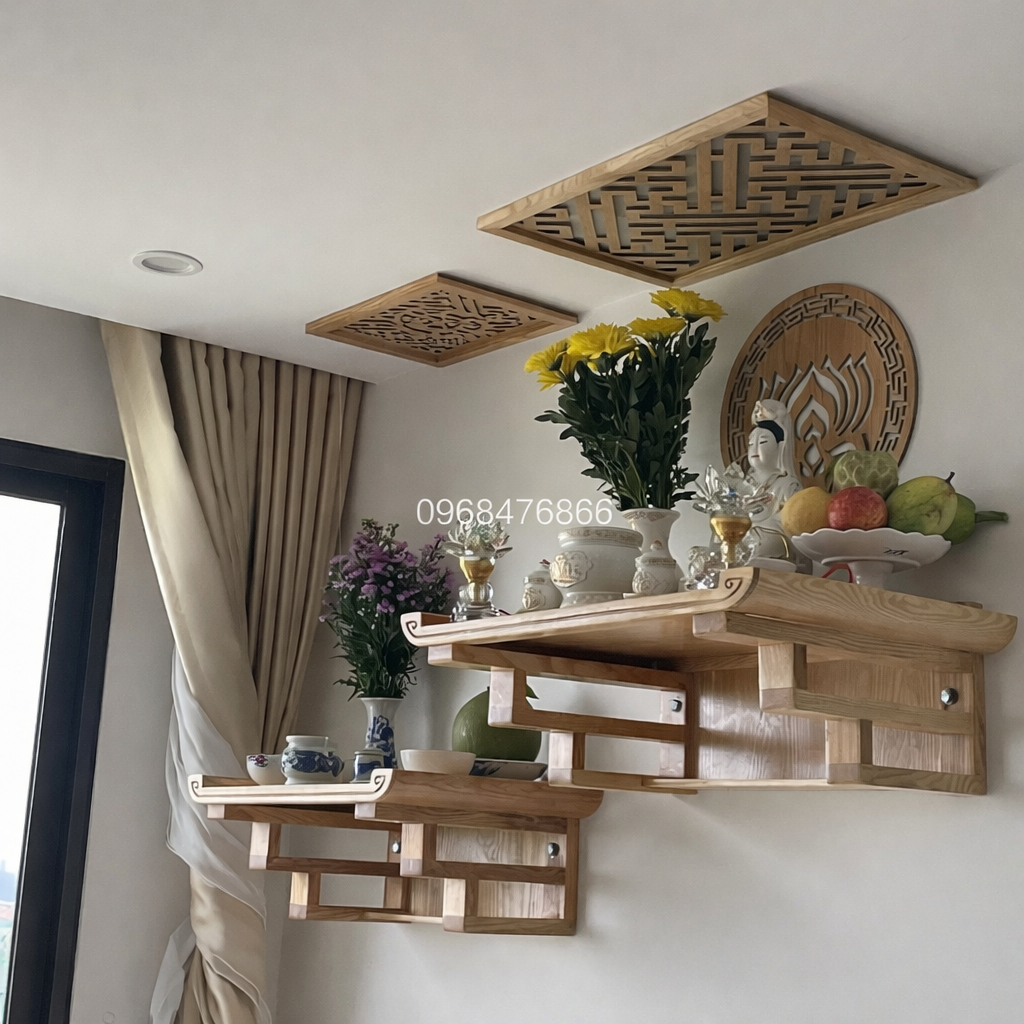 Bàn thờ treo thờ Phật và gia tiên mẫu BB3085 Bàn thờ treo thờ Phật và gia tiên mẫu BB3085